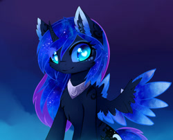 Size: 1600x1295 | Tagged: safe, artist:magnaluna, character:princess luna, species:alicorn, species:pony, body markings, cheek fluff, chest fluff, color porn, colored wings, colored wingtips, curved horn, cute, ear fluff, ethereal mane, eyelashes, fluffy, galaxy mane, heart eyes, horn, looking at you, lunabetes, simple background, smiling, solo, spread wings, wingding eyes, wings