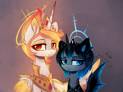Size: 2067x1554 | Tagged: safe, artist:magnaluna, character:princess celestia, character:princess luna, species:alicorn, species:bat pony, species:pony, :<, alternate design, alternate hairstyle, alternate universe, armor, bat ponified, bat pony alicorn, bust, colored pupils, denied, duo, ear fluff, ear tufts, elemental pony, eyeshadow, female, flapping, frown, gradient background, halo, hug, lidded eyes, looking at you, luna is not amused, lunabat, makeup, mane of fire, mare, portrait, race swap, royal sisters, simple background, sitting, slit eyes, smiling, spread wings, unamused, wing fluff, wing hands, wing jewelry, winghug, wings