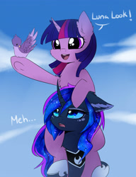 Size: 3000x3900 | Tagged: safe, artist:magnaluna, character:princess luna, character:twilight sparkle, species:bird, species:pony, species:unicorn, ship:twiluna, cloud, curved horn, cute, dialogue, ear fluff, female, floppy ears, horn, lesbian, luna is not amused, lunabetes, mare, meh, open mouth, shipping, shoulder ride, sky, smiling, twiabetes, unamused, underhoof, unimpressed