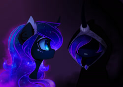 Size: 1900x1343 | Tagged: safe, artist:magnaluna, character:princess luna, cheek fluff, cloak, clothing, color porn, colored pupils, curved horn, ear fluff, ethereal mane, evil kermit, galaxy mane, horn, inner me, looking at each other, meme, missing accessory, self ponidox, simple background