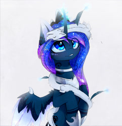Size: 2299x2384 | Tagged: safe, artist:magnaluna, character:princess luna, oc, oc:zefiroth, species:alicorn, species:dragon, species:pony, canon x oc, cheek fluff, chest fluff, collar, colored pupils, crown, curved horn, cute, ear fluff, ethereal mane, feather, female, fluffy, galaxy mane, glowing horn, horn, jewelry, leg fluff, looking up, lunabetes, magic, mare, neck fluff, ocbetes, open mouth, raised hoof, regalia, shipping, simple background, smiling, upside down, white background, wing fluff