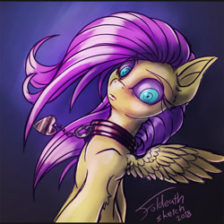 Size: 1024x1024 | Tagged: safe, artist:foldeath, character:fluttershy, species:pegasus, species:pony, collar, colored sclera, creepy, female, flutterpet, looking at you, pet play, pet tag, sketch, solo, spread wings, wings