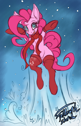 Size: 710x1111 | Tagged: safe, artist:foldeath, character:pinkie pie, species:pony, clothing, female, jumping, large ears, looking at you, scarf, sketch, smiling, solo, starry eyes, stockings, thigh highs, wingding eyes, winter, wip