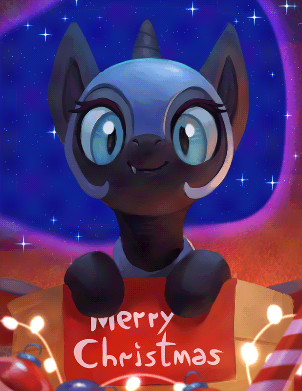 Size: 618x800 | Tagged: safe, artist:rodrigues404, character:nightmare moon, character:princess luna, species:alicorn, species:pony, animated, christmas, cute, cute little fangs, fangs, female, filly, gif, helmet, holiday, looking at you, mare, moonabetes, nicemare moon, nightmare woon, smiling, solo