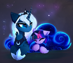 Size: 2637x2274 | Tagged: safe, artist:magnaluna, character:princess luna, character:twilight sparkle, species:pony, cuddling, cute, duo, female, prone