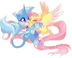 Size: 2500x2000 | Tagged: safe, artist:nemovonsilver, character:fluttershy, character:trixie, species:classical unicorn, species:pegasus, species:pony, species:unicorn, ship:trixieshy, cloven hooves, colored wings, colored wingtips, dappled, ear tufts, eyes closed, female, flower, flower in hair, flying, freckles, glomp, grin, happy, hug, leonine tail, lesbian, lidded eyes, mare, one eye closed, ponytail, shipping, simple background, smiling, socks (coat marking), spread wings, tail feathers, tail fluff, transparent background, unshorn fetlocks, wings, wink