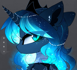 Size: 975x884 | Tagged: safe, artist:magnaluna, character:princess luna, species:alicorn, species:pony, bust, chest fluff, crown, cute, ear fluff, ethereal mane, eye clipping through hair, female, galaxy mane, horn, horn jewelry, jewelry, looking at you, looking back, looking back at you, mare, portrait, pretty, profile, regalia, slit eyes, solo, wing fluff