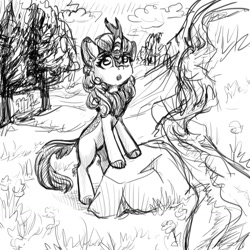Size: 1280x1280 | Tagged: safe, artist:roadsleadme, character:autumn blaze, species:kirin, episode:sounds of silence, g4, my little pony: friendship is magic, female, forest, rock, sketch, solo