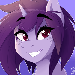Size: 1000x1000 | Tagged: safe, artist:pixelyte, oc, oc only, species:pony, species:unicorn, bust, commission, eye clipping through hair, female, floating eyebrows, freckles, gradient background, heart eyes, looking at you, mare, smiling, solo, wingding eyes