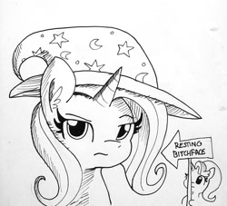 Size: 1385x1256 | Tagged: safe, artist:tjpones, character:starlight glimmer, character:trixie, species:pony, species:unicorn, black and white, clothing, female, grayscale, hat, lineart, mare, monochrome, resting bitch face, sign, trixie's hat, vulgar
