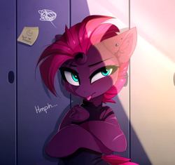 Size: 2526x2374 | Tagged: safe, artist:magnaluna, character:tempest shadow, species:pony, species:unicorn, broken horn, chest fluff, crossed arms, ear fluff, ear piercing, explicit source, eye scar, female, horn, locker, mare, piercing, post-it, scar, solo, sticky note, tongue out, tongue piercing