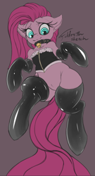 Size: 544x1008 | Tagged: safe, artist:foldeath, character:pinkamena diane pie, character:pinkie pie, species:pony, bell, bell collar, cat bell, clothing, collar, corset, female, latex, simple background, solo, stockings, thigh highs
