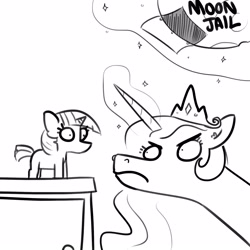 Size: 1650x1650 | Tagged: safe, artist:tjpones, character:princess celestia, character:twilight sparkle, species:pony, species:unicorn, angry, celestia is not amused, female, glowing horn, lineart, looking at each other, monochrome, simple background, sketch, this will end in tears and/or a journey to the moon, to the moon, unamused, wide eyes