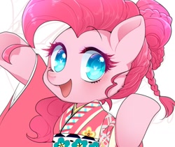 Size: 1029x870 | Tagged: safe, artist:zakro, character:pinkie pie, species:earth pony, species:pony, alternate hairstyle, blushing, clothing, colored pupils, cute, diapinkes, eyelashes, female, heart eyes, kimono (clothing), looking at you, mare, open mouth, solo, wingding eyes