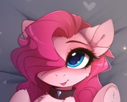 Size: 1008x812 | Tagged: safe, artist:magnaluna, character:pinkie pie, species:earth pony, species:pony, g4, blep, bust, chest fluff, collar, colored pupils, cropped, cute, diapinkes, ear fluff, female, hair over one eye, heart, heart eyes, hoof fluff, mare, portrait, silly, smiling, solo, tongue out, underhoof, wingding eyes