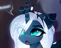 Size: 1200x944 | Tagged: safe, artist:magnaluna, character:princess luna, species:alicorn, species:pony, alternate hair color, cheek fluff, crown, cute, dialogue, ear fluff, eye clipping through hair, fangs, female, horn jewelry, jewelry, lunabetes, mare, one word, open mouth, regalia, slit eyes, solo, sparkly mane