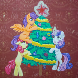 Size: 2000x2000 | Tagged: safe, artist:roadsleadme, character:apple bloom, character:scootaloo, character:sweetie belle, species:earth pony, species:pegasus, species:pony, species:unicorn, 2019, christmas, christmas tree, cutie mark crusaders, happy new year, holiday, magic, open mouth, tree