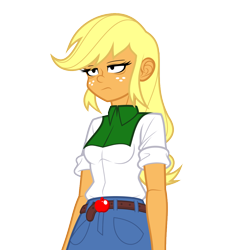 Size: 976x1058 | Tagged: safe, artist:pedantczepialski, character:applejack, my little pony:equestria girls, alternate universe, applejack is not amused, blonde, breasts, clothing, equestria girls: the parody series, female, freckles, hatless, missing accessory, simple background, solo, transparent background, unamused