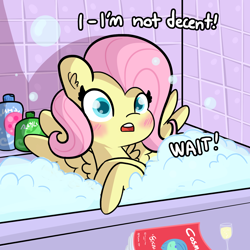 Size: 1650x1650 | Tagged: safe, artist:tjpones, character:fluttershy, species:pegasus, species:pony, bath, blushing, bottle, bubble, bubble bath, cosmopolitan, cute, d:, dialogue, embarrassed, female, glass, leaning, lewd, looking at you, magazine, mare, open mouth, shampoo, shyabetes, solo, spread wings, we don't normally wear clothes, wide eyes, wine glass, wings