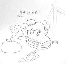 Size: 1313x1284 | Tagged: safe, artist:tjpones, oc, oc only, oc:brownie bun, species:earth pony, species:pony, black and white, blanket, broom, can, dialogue, dustpan, ear fluff, grayscale, lineart, lying down, monochrome, simple background, solo, traditional art, trash bag, white background