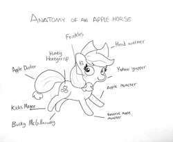 Size: 1755x1440 | Tagged: safe, artist:tjpones, character:applejack, species:earth pony, species:pony, anatomy, anatomy guide, applejack's hat, black and white, bucky mcgillicutty, clothing, cowboy hat, cute, ear fluff, female, freckles, grayscale, hat, jackabetes, kicks mcgee, lineart, mare, monochrome, simple background, solo, text, traditional art, white background, yeehaw