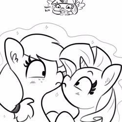 Size: 1650x1650 | Tagged: safe, artist:tjpones, character:applejack, character:rarity, character:twilight sparkle, character:twilight sparkle (alicorn), species:alicorn, species:pony, ship:rarijack, cute, doll, female, jackabetes, lesbian, looking at each other, magic, magic abuse, mare, monochrome, now kiss, raribetes, shipper on deck, shipping, sketch, toy, twilight the shipper, voodoo doll