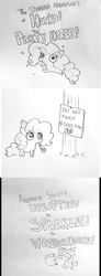 Size: 585x1592 | Tagged: safe, artist:tjpones, edit, character:pinkie pie, character:twilight sparkle, character:twilight sparkle (alicorn), species:alicorn, species:pony, alternate ending, bad end, black and white, censorship, clothing, comic, crossover, fwee, grayscale, hat, honko! the party horse!, laws, madorable, monochrome, party hat, party horn, sparkles! the wonder horse!, twibitch sparkle