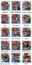 Size: 2349x4739 | Tagged: safe, artist:pridark, oc, oc only, oc:hugo drax, species:bat pony, species:earth pony, species:kirin, species:pony, adorable face, bat ponified, boop, commission, crying, cute, cute little fangs, disgusted, drool, emotion chart, emotions, fangs, flirty, joy, kirin-ified, male, meme, noseboop, ocular gushers, open mouth, race swap, raised leg, solo, species swap, stallion, tongue out, virtual reality, vr goggles, vr headset, want