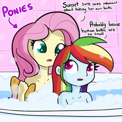 Size: 2048x2048 | Tagged: safe, artist:tjpones, character:fluttershy, character:rainbow dash, my little pony:equestria girls, bath, bathing, bathing together, bathtub, bubble, bubble bath, casual nudity, clueless, confused, dialogue, female, frown, nudity, open mouth, sitting, smoldash, soap bubble, sponge, tallershy, text, we don't normally wear clothes