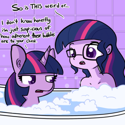 Size: 1650x1650 | Tagged: safe, artist:tjpones, character:twilight sparkle, character:twilight sparkle (scitwi), species:alicorn, species:eqg human, species:pony, my little pony:equestria girls, bath, bathing, bathing together, bathtub, bubble, bubble bath, casual nudity, confused, dialogue, female, frown, glare, glasses, human ponidox, implied nudity, lidded eyes, looking at something, mare, nudity, open mouth, self ponidox, sitting, soap bubble, strategically covered, suspicious, twilight is not amused, twolight, unamused, we don't normally wear clothes