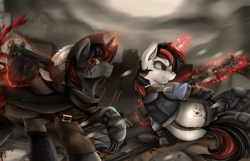 Size: 3509x2254 | Tagged: safe, artist:pridark, oc, oc only, oc:blackjack, species:pony, species:unicorn, fallout equestria, fallout equestria: project horizons, 2014, blood, clothing, cloud, cloudy, commission, cowboy hat, cutie mark, fanfic, fanfic art, female, glowing horn, grin, gun, hat, high res, hooves, horn, level 2 (project horizons), levitation, magic, mare, pipbuck, prosthetics, smiling, telekinesis, vault suit, wasteland, weapon