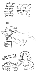 Size: 856x1744 | Tagged: safe, artist:tjpones, character:bon bon, character:lyra heartstrings, character:sweetie drops, species:earth pony, species:pony, species:unicorn, bipedal, black and white, body horror, bon bon is not amused, bone hurting juice, cart, comic, drinking straw, duo, grayscale, invertebrate, l.u.l.s., lineart, monochrome, simple background, unamused, wat, white background