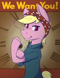 Size: 928x1200 | Tagged: safe, artist:lula-moonarts, oc, oc only, species:pony, advertisement, bandana, bipedal, convention, looking at you, rosie the riveter, solo