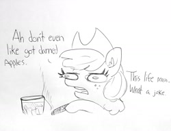 Size: 1694x1294 | Tagged: safe, artist:tjpones, character:applejack, species:earth pony, species:pony, applejack's hat, black and white, cigar, clothing, cowboy hat, dialogue, ear fluff, female, fruit heresy, grayscale, hat, heresy, hoof hold, lineart, mare, monochrome, simple background, smoking, solo, traditional art, white background