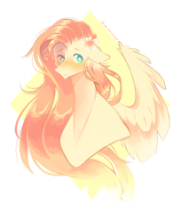 Size: 1024x1254 | Tagged: safe, artist:prettyshinegp, character:fluttershy, species:pegasus, species:pony, abstract background, blushing, bust, cute, ear fluff, female, floppy ears, flower, flower in hair, mare, portrait, shyabetes, simple background, solo, spread wings, transparent background, white pupils, wing fluff, wings