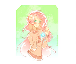 Size: 1024x863 | Tagged: safe, artist:prettyshinegp, character:fluttershy, species:human, blushing, butterfly, clothing, cute, eared humanization, eye clipping through hair, female, humanized, shyabetes, solo, sweater, sweatershy