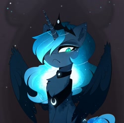Size: 1746x1742 | Tagged: safe, artist:magnaluna, character:princess luna, species:alicorn, species:pony, :<, :c, >:<, >:c, alternate design, chest fluff, female, fluffy, frown, grumpy, hair over one eye, horn jewelry, jewelry, mare, regalia, slit eyes, solo, stars