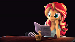 Size: 9600x5400 | Tagged: safe, artist:imafutureguitarhero, artist:tjpones, character:sunset shimmer, species:anthro, species:pony, species:unicorn, my little pony:equestria girls, 3d, :i, absurd resolution, adaptation, adidas, black background, book, chair, chromatic aberration, clothing, colored eyebrows, colored eyelashes, cup, dress, droste effect, female, film grain, floppy ears, food, freckles, handwriting, horn, leaning back in chair, leaning on table, long hair, long mane, mare, mug, multicolored hair, nail polish, pants, raised eyebrow, reading, recursion, recursive fanart, signature, simple background, sitting, solo, source filmmaker, table, teacup, wallpaper