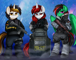 Size: 3215x2540 | Tagged: safe, artist:pridark, oc, oc only, oc:lightning weather, species:pegasus, species:pony, species:unicorn, bipedal, clothing, commission, crossover, gun, looking at you, rainbow six, semi-anthro, shield, tom clancy, video game crossover, weapon