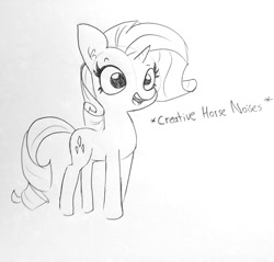 Size: 1504x1440 | Tagged: safe, artist:tjpones, character:rarity, species:pony, species:unicorn, creativity, cute, descriptive noise, female, horse noises, ink drawing, lineart, mare, monochrome, open mouth, raribetes, simple background, sketch, smiling, solo, traditional art, white background