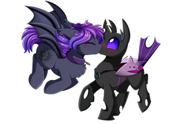 Size: 3262x2346 | Tagged: safe, artist:pridark, oc, oc only, oc:astral void, oc:nightwing, species:bat pony, species:changeling, species:pony, bat pony oc, changeling oc, chest fluff, collar, commission, cute, ear tufts, eyes closed, floppy ears, flying, gay, jewelry, kissing, male, necklace, ocbetes, purple changeling, raised hoof, raised leg, shipping, shoulder fluff, simple background, smiling, spread wings, surprise kiss, surprised, tail, tailboner, transparent background, wings