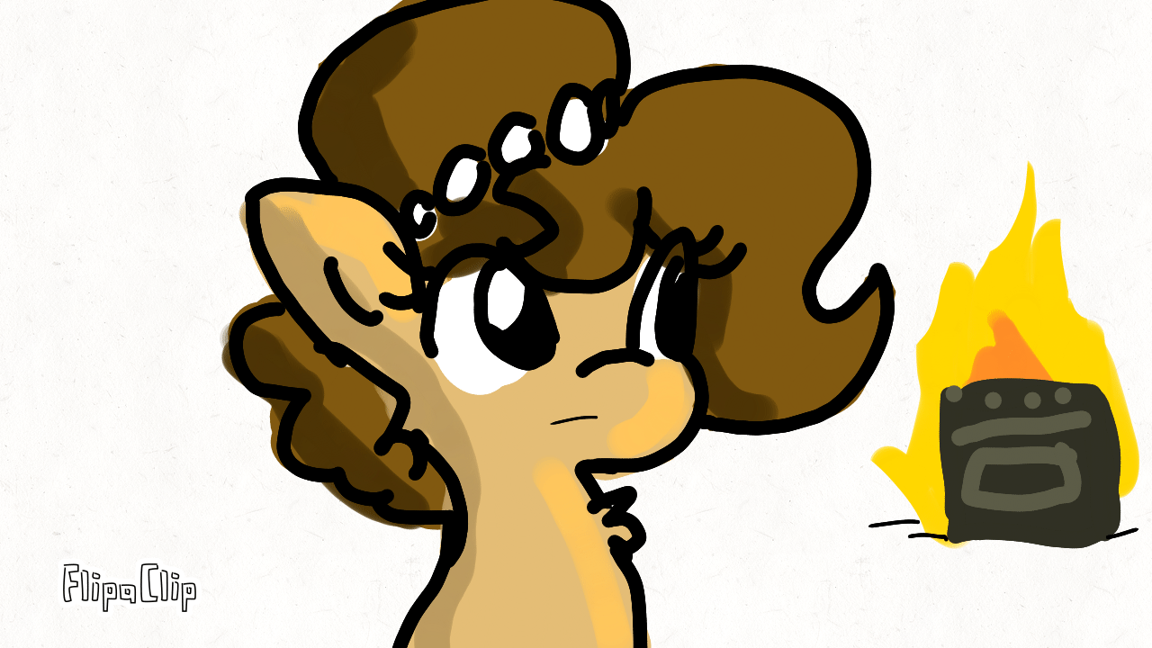 Size: 1280x720 | Tagged: safe, artist:tjpones, oc, oc:brownie bun, species:earth pony, species:pony, animated, burning stove, chest fluff, confused, cute, female, fire, frown, gif, looking back, mare, ocbetes, on fire, oven, simple background, sitting, solo, this ended in fire, white background