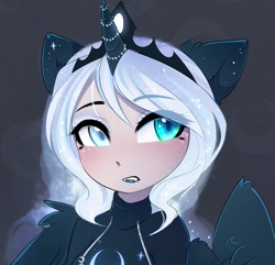 Size: 1506x1452 | Tagged: safe, artist:magnaluna, character:princess luna, species:human, aura, blushing, clothing, colored pupils, crescent moon, cute, cute little fangs, ear fluff, eared humanization, fangs, female, floppy ears, frown, glow, glowing eyes, gray background, horn jewelry, horned humanization, humanized, jewelry, lipstick, looking at you, lunabetes, moon, simple background, solo, spread wings, sweater, tiara, wing fluff, winged humanization, wings
