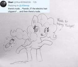 Size: 1676x1440 | Tagged: safe, artist:tjpones, character:pinkie pie, species:earth pony, species:pony, ask, dialogue, ear fluff, electric razor, female, hair clipper, implied twilight sparkle, magic, magic glow, mare, offscreen character, raised hoof, shaved, telekinesis, tumblr, twitter