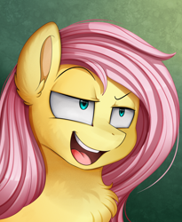 Size: 1446x1764 | Tagged: safe, artist:pridark, character:fluttershy, species:pony, bust, butterscotch, commission, dreamworks face, green background, male, open mouth, portrait, rule 63, simple background, smiling, smug, solo, stallion, wrong mane