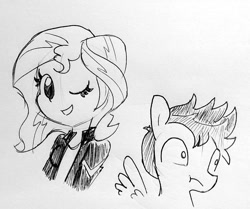 Size: 1325x1110 | Tagged: safe, artist:tjpones, character:flash sentry, character:sunset shimmer, species:pegasus, species:pony, ship:flashimmer, my little pony:equestria girls, awkward, cute, female, flirting, frown, grayscale, homesick shimmer, male, monochrome, one eye closed, open mouth, scrunchy face, shipping, simple background, smiling, spread wings, stallion, straight, traditional art, wide eyes, wingboner, wings, wink