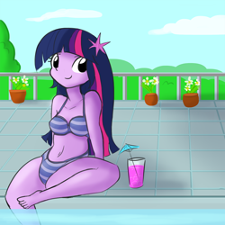 Size: 990x990 | Tagged: safe, artist:tjpones, edit, editor:dsp2003, character:twilight sparkle, my little pony:equestria girls, barefoot, belly button, bikini, clothing, cute, drink, feet, female, hair ornament, looking at you, smiling, solo, spread legs, spreading, striped underwear, swimming pool, swimsuit, underwear