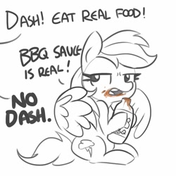 Size: 990x990 | Tagged: safe, artist:tjpones, character:rainbow dash, species:pegasus, species:pony, barbecue sauce, dialogue, food, hoof hold, messy eating, monochrome, offscreen character, sauce, simple background, sitting, solo, white background