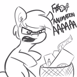 Size: 1650x1650 | Tagged: safe, artist:tjpones, oc, oc:tjpones, species:pony, censored vulgarity, cross-popping veins, dialogue, frustrated, glasses, grawlixes, grayscale, lineart, monochrome, pencil, simple background, trash, trash can, vulgar, white background