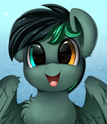 Size: 1722x2003 | Tagged: safe, artist:pridark, oc, oc only, oc:target strike, species:pegasus, species:pony, bust, chest fluff, commission, happy, heterochromia, looking at you, multicolored eyes, open mouth, portrait, solo